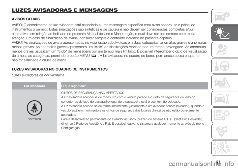 FIAT 500 2020  Manual de Uso e Manutenção (in Portuguese) LUZES AVISADORAS E MENSAGENS
AVISOS GERAIS
AVISO! O acendimento da luz avisadora está associado a uma mensagem específica e/ou aviso sonoro, se o painel de
instrumentos o permitir. Estas sinalizaç