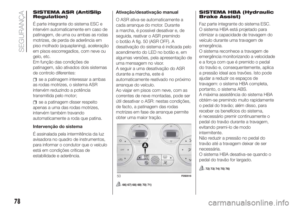 FIAT 500 2020  Manual de Uso e Manutenção (in Portuguese) SISTEMA ASR (AntiSlip
Regulation)
É parte integrante do sistema ESC e
intervém automaticamente em caso de
patinagem, de uma ou ambas as rodas
motrizes, de perda de aderência em
piso molhado (aquapl