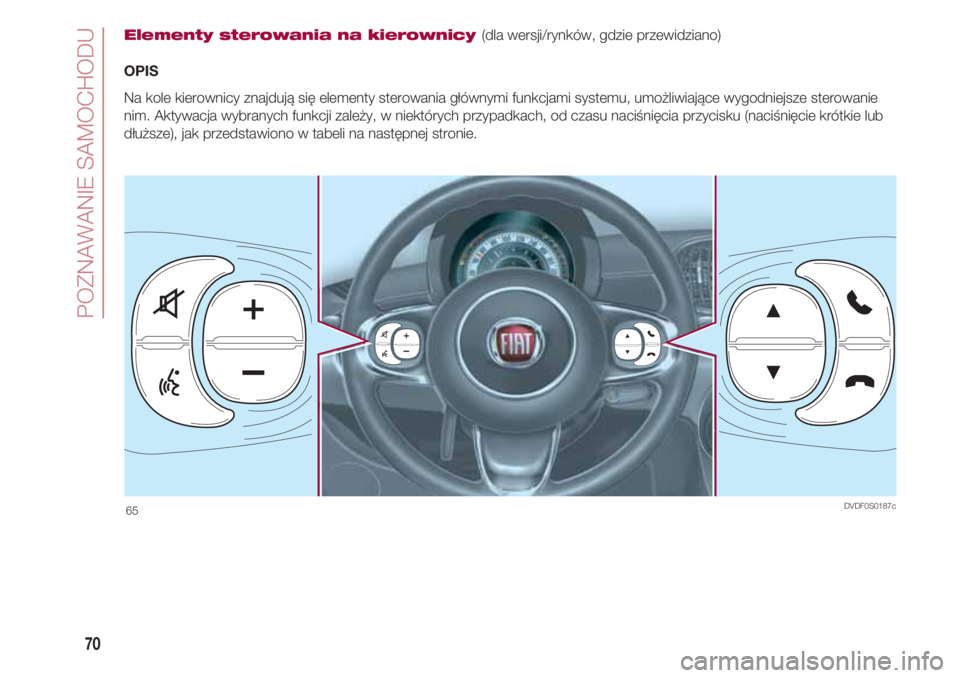 FIAT 500 2018  Instrukcja obsługi (in Polish) POZNAWANIE SAMOCHODU
70
Elementy sterowania na kierownicy (dla wersji/rynków, gdzie przewidziano)
OPIS
Na kole kierownicy znajdują się elementy sterowania głównymi funkcjami systemu, umożliwiaj