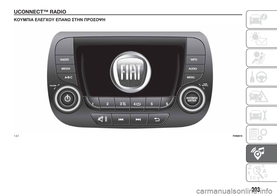 FIAT 500 2020  ΒΙΒΛΙΟ ΧΡΗΣΗΣ ΚΑΙ ΣΥΝΤΗΡΗΣΗΣ (in Greek) UCONNECT™ RADIO.
ΚΟΥΜΠΙΑ ΕΛΕΓΧΟΥ ΕΠΑΝΩΣΤΗΝ ΠΡΟΣΟΨΗ
141F0S0619
203 