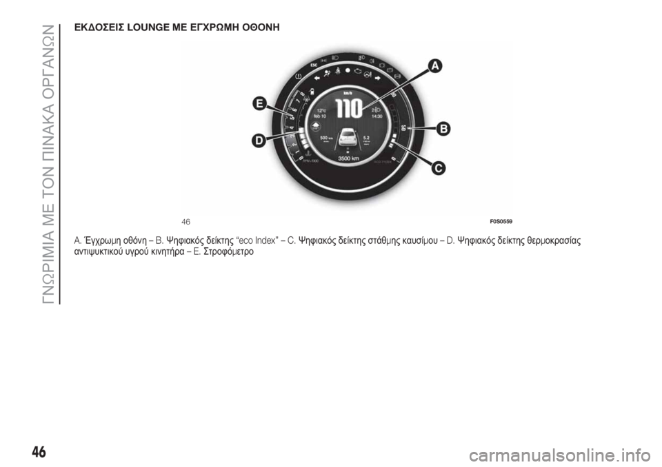 FIAT 500 2020  ΒΙΒΛΙΟ ΧΡΗΣΗΣ ΚΑΙ ΣΥΝΤΗΡΗΣΗΣ (in Greek) ΕΚΔΟΣΕΙΣLOUNGEΜΕ ΕΓΧΡΩΜΗ ΟΘΟΝΗ
A.Έγχρωμη οθόνη–B.Ψηφιακός δείκτης“eco Index” – C.Ψηφιακός δείκτης στάθμης καυσίμο