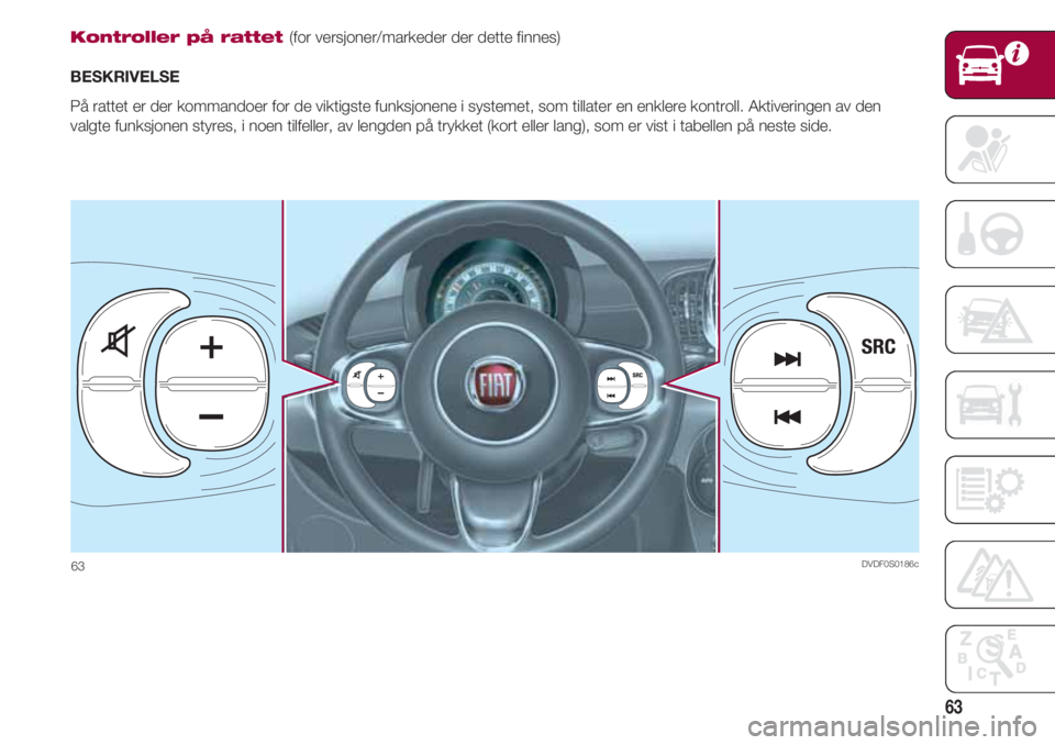FIAT 500 2018  Drift- og vedlikeholdshåndbok (in Norwegian) 63
Kontroller på rattet (for versjoner/markeder der dette finnes)
BESKRIVELSE
På rattet er der kommandoer for de viktigste funksjonene i systemet, som tillater en enklere kontroll. Aktiveringen av d