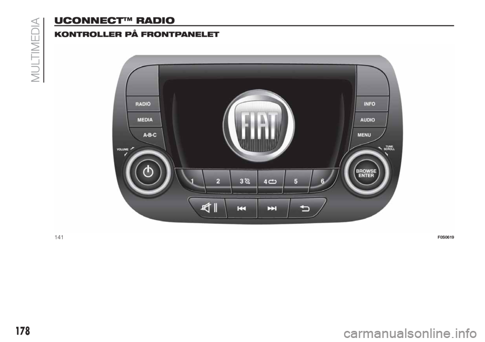 FIAT 500 2020  Drift- og vedlikeholdshåndbok (in Norwegian) UCONNECT™ RADIO.
KONTROLLER PÅ FRONTPANELET
141F0S0619
178
MULTIMEDIA 