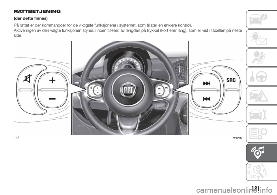 FIAT 500 2020  Drift- og vedlikeholdshåndbok (in Norwegian) RATTBETJENING
(der dette finnes)
På rattet er der kommandoer for de viktigste funksjonene i systemet, som tillater en enklere kontroll.
Aktiveringen av den valgte funksjonen styres, i noen tilfeller,