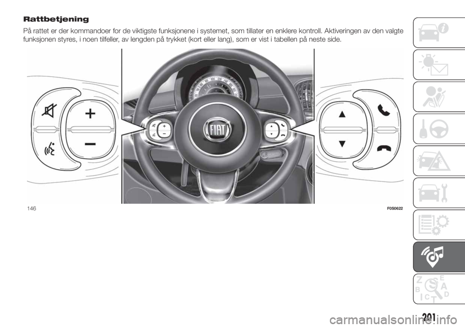 FIAT 500 2020  Drift- og vedlikeholdshåndbok (in Norwegian) Rattbetjening
På rattet er der kommandoer for de viktigste funksjonene i systemet, som tillater en enklere kontroll. Aktiveringen av den valgte
funksjonen styres, i noen tilfeller, av lengden på try