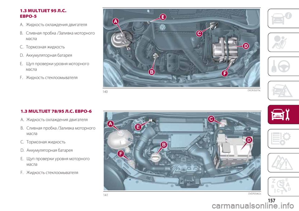 FIAT 500 2018  Руководство по эксплуатации и техобслуживанию (in Russian) 157
1.3 MULTIJET 95 Л.С.
ЕВРО-5
А.   Жидкость охлаждения двигателя 
B.   Сливная пробка /Заливка моторного
масла 
C.   Тормоз