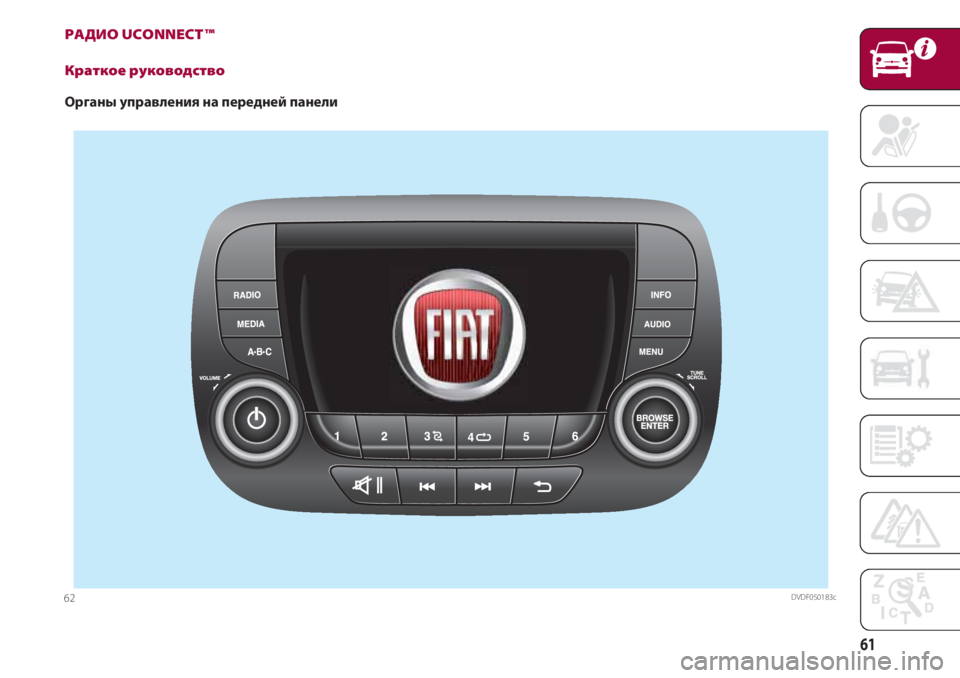 FIAT 500 2018  Руководство по эксплуатации и техобслуживанию (in Russian) 61
РАДИО UCONNECT ™ 
Краткое руководство
Органы управления на передней панели
DVDF0S0183c62 