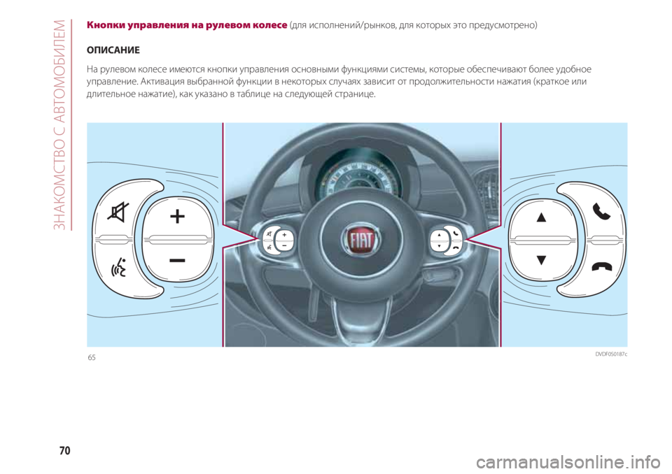 FIAT 500 2018  Руководство по эксплуатации и техобслуживанию (in Russian) ЗНАКОМСТВ С АВТОМОБИЛЕМ
70
Кнопки управления на рулевом колесе (для исполнений/рынков, для которых это предус