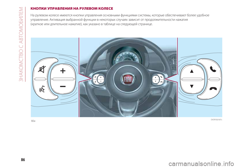 FIAT 500 2018  Руководство по эксплуатации и техобслуживанию (in Russian) ЗНАКОМСТВ С АВТОМОБИЛЕМ
86
КНОПКИ УПРАВЛЕНИЯ НА РУЛЕВОМ КОЛЕСЕ
На рулевом колесе имеются кнопки управления о