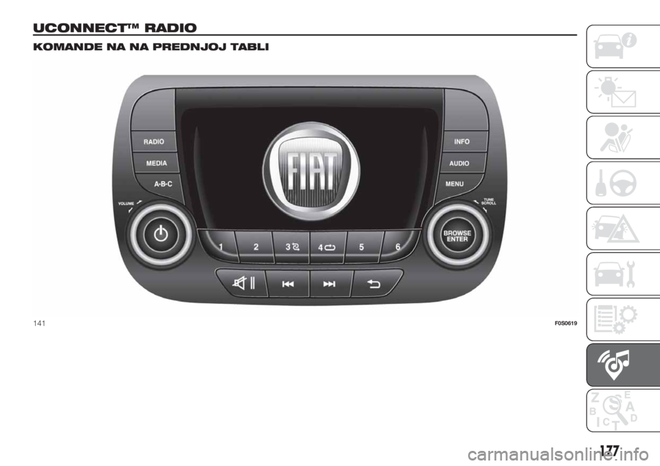FIAT 500 2019  Knjižica za upotrebu i održavanje (in Serbian) UCONNECT™ RADIO.
KOMANDE NA NA PREDNJOJ TABLI
141F0S0619
177 
