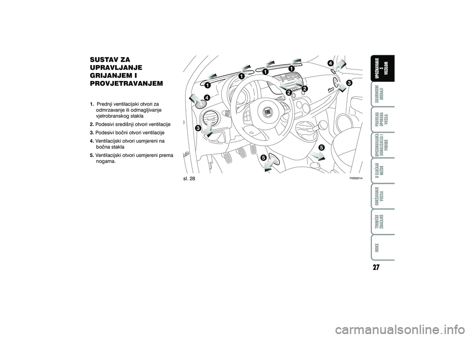 FIAT 500 2018  Knjižica s uputama za uporabu i održavanje (in Croatian) PRAVILNAUPORABA VOZILA SIGURNOSNI
URE\AJI UPOZNAVANJE
S
VOZILOM
TEHNI^KE
ZNA^AJKE ODR@AVANJE
VOZILA U SLU^AJU
NU@DE
UPOZORAVAJU]ASIGNALIZACIJA I PORUKE
INDEX
SUSTAV ZA 
UPRAVLJANJE 
GRIJANJEM I 
PROVJ