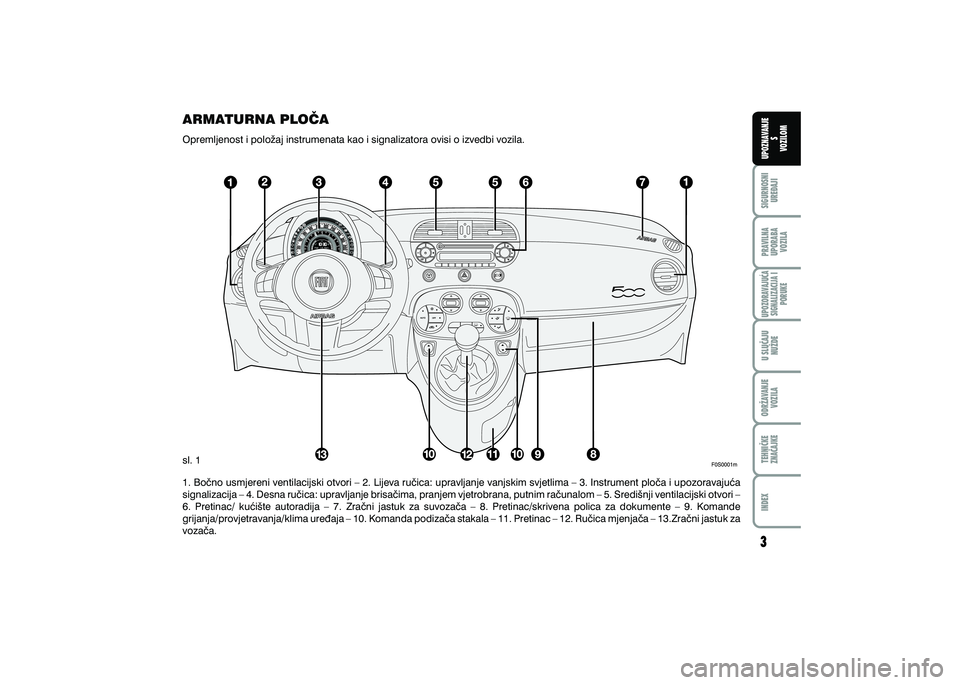 FIAT 500 2018  Knjižica s uputama za uporabu i održavanje (in Croatian) PRAVILNAUPORABA VOZILA SIGURNOSNI
URE\AJI UPOZNAVANJE
S
VOZILOM
TEHNI^KE
ZNA^AJKE ODR@AVANJE
VOZILA U SLU^AJU
NU@DE
UPOZORAVAJU]ASIGNALIZACIJA I PORUKE
INDEX
ARMATURNA PLO^A
Opremljenost i polo`aj ins