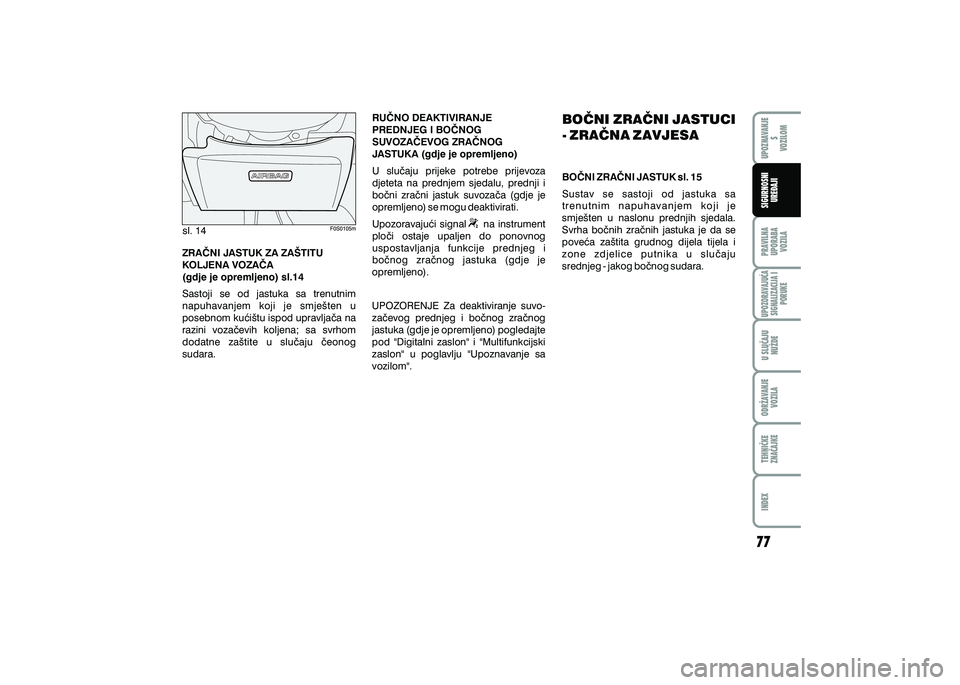 FIAT 500 2018 Knjižica s uputama za uporabu i održavanje (in Croatian) sl. 14
ZRA^NI JASTUK ZA ZA[TITU
KOLJENA VOZA^A
(gdje je opremljeno) sl.14
Sastoji se od jastuka sa trenutnim
napuhavanjem koji je smje{ten u
posebnom ku}i{tu ispod upravlja~a na
razini v FIAT 500 2018 Knjižica s uputama za uporabu i održavanje (in Croatian) sl. 14
ZRA^NI JASTUK ZA ZA[TITU
KOLJENA VOZA^A
(gdje je opremljeno) sl.14
Sastoji se od jastuka sa trenutnim
napuhavanjem koji je smje{ten u
posebnom ku}i{tu ispod upravlja~a na
razini v