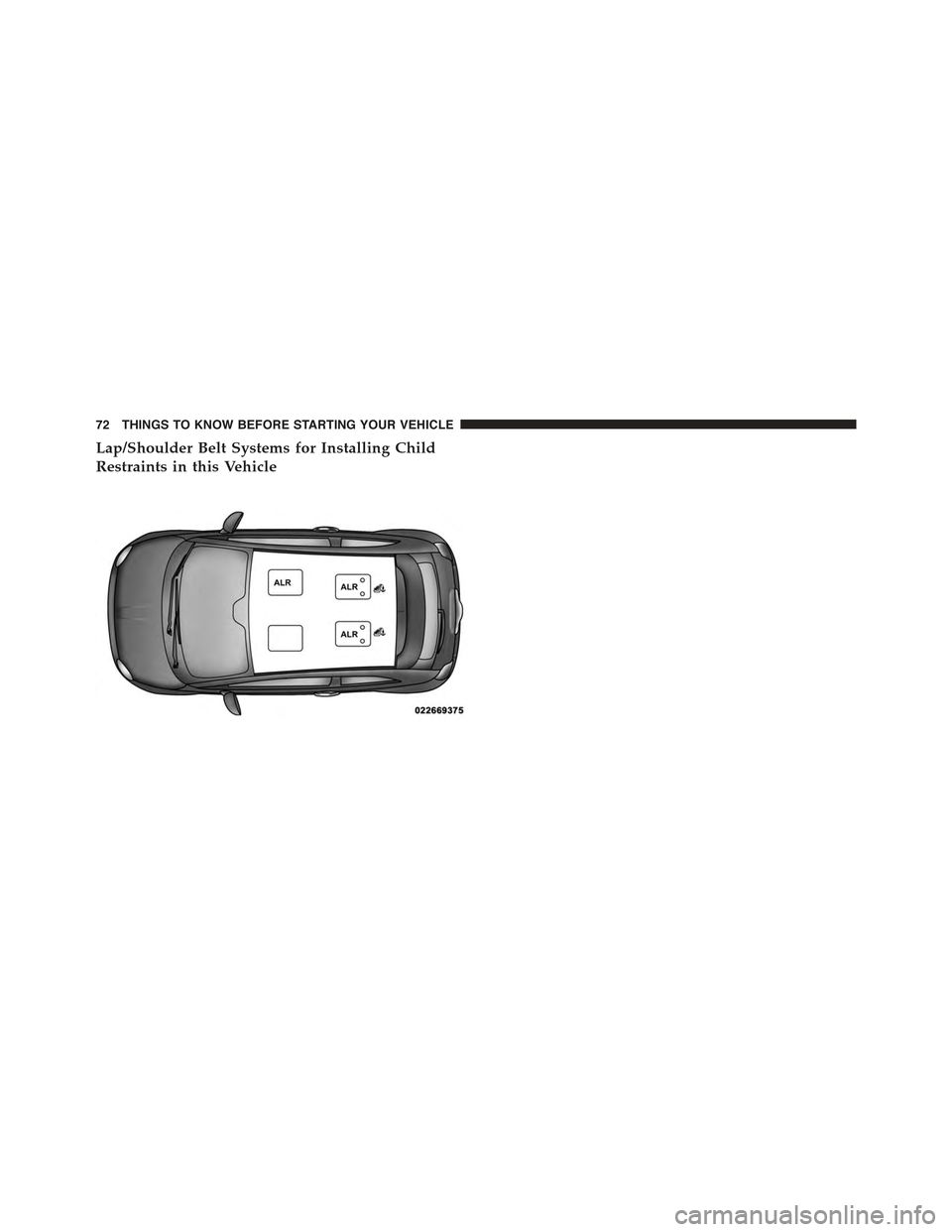 FIAT 500 ABARTH 2013 2.G Owners Manual Lap/Shoulder Belt Systems for Installing Child
Restraints in this Vehicle
72 THINGS TO KNOW BEFORE STARTING YOUR VEHICLE 