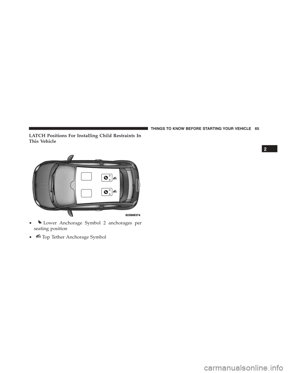 FIAT 500 ABARTH 2014 2.G Owners Manual LATCH Positions For Installing Child Restraints In
This Vehicle
•Lower Anchorage Symbol 2 anchorages per
seating position
•Top Tether Anchorage Symbol
2
THINGS TO KNOW BEFORE STARTING YOUR VEHICLE