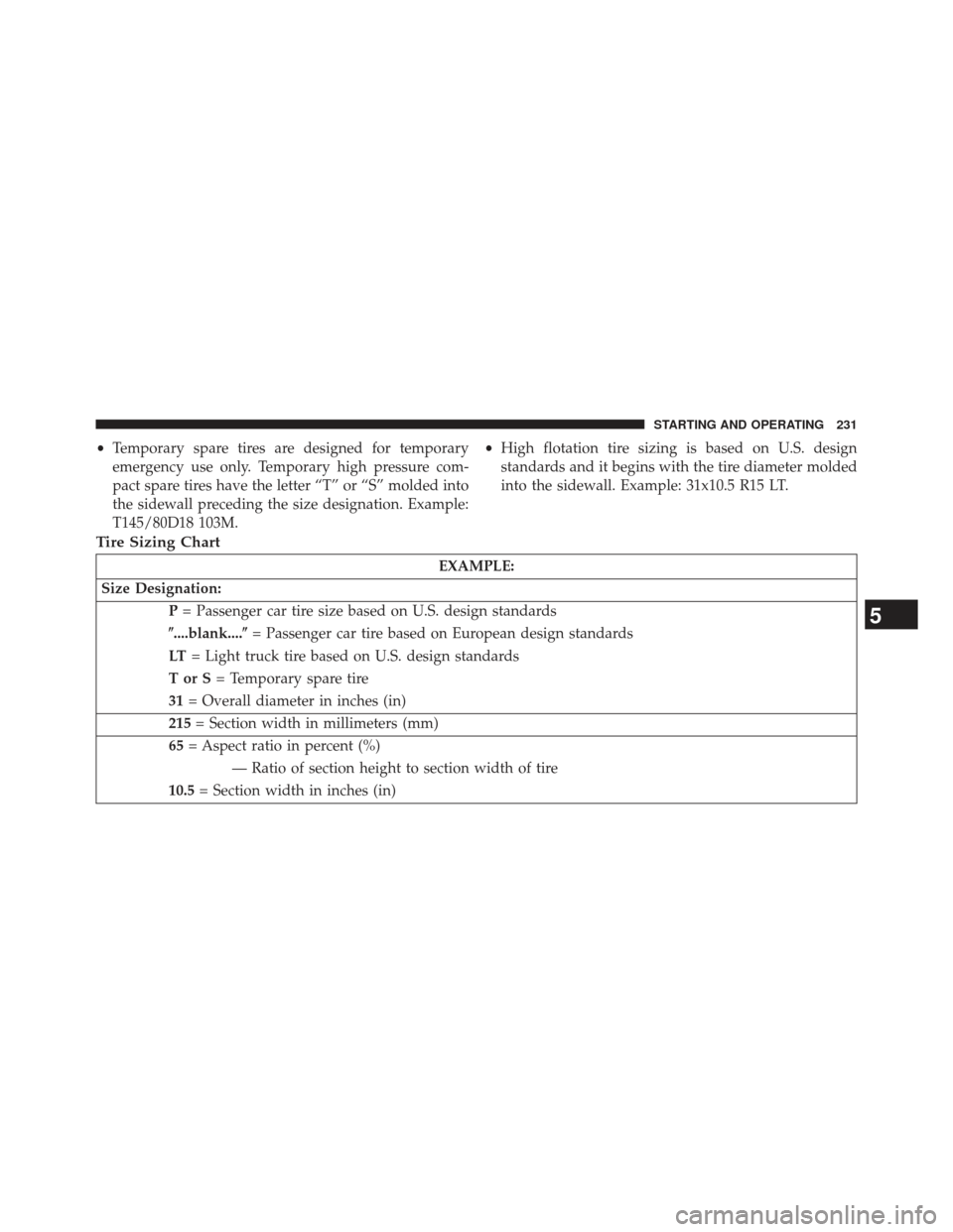 FIAT 500E 2013 2.G Owners Manual •Temporary spare tires are designed for temporary
emergency use only. Temporary high pressure com-
pact spare tires have the letter “T” or “S” molded into
the sidewall preceding the size des