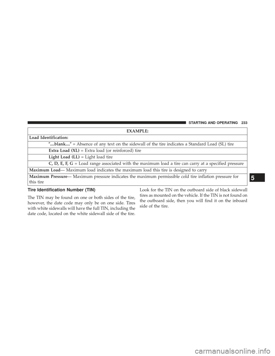FIAT 500E 2013 2.G Owners Manual EXAMPLE:
Load Identification: ....blank.... = Absence of any text on the sidewall of the tire indicates a Standard Load (SL) tire
Extra Load (XL) = Extra load (or reinforced) tire
Light Load (LL) = FIAT 500E 2013 2.G Owners Manual EXAMPLE:
Load Identification: ....blank.... = Absence of any text on the sidewall of the tire indicates a Standard Load (SL) tire
Extra Load (XL) = Extra load (or reinforced) tire
Light Load (LL) =