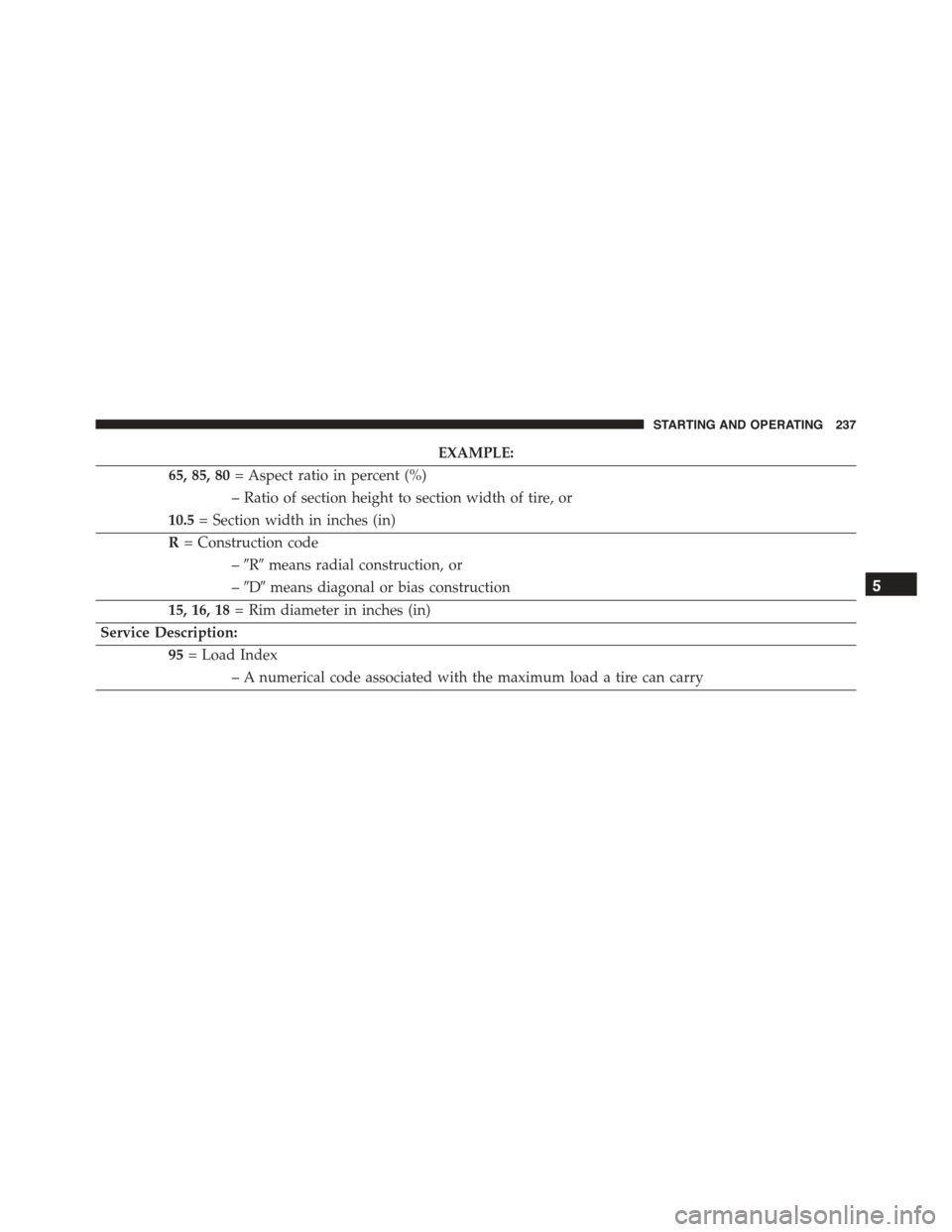 FIAT 500E 2015 2.G Owners Manual EXAMPLE:
65, 85, 80= Aspect ratio in percent (%)
– Ratio of section height to section width of tire, or
10.5= Section width in inches (in)
R= Construction code
–#R#means radial construction, or
