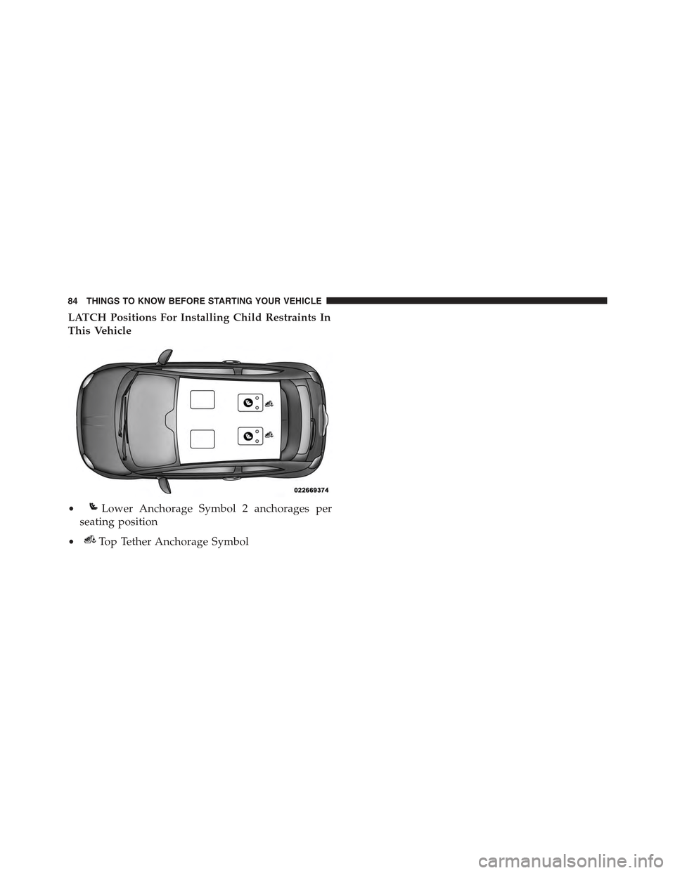 FIAT 500E 2015 2.G Owners Manual LATCH Positions For Installing Child Restraints In
This Vehicle
•Lower Anchorage Symbol 2 anchorages per
seating position
•Top Tether Anchorage Symbol
84 THINGS TO KNOW BEFORE STARTING YOUR VEHICL