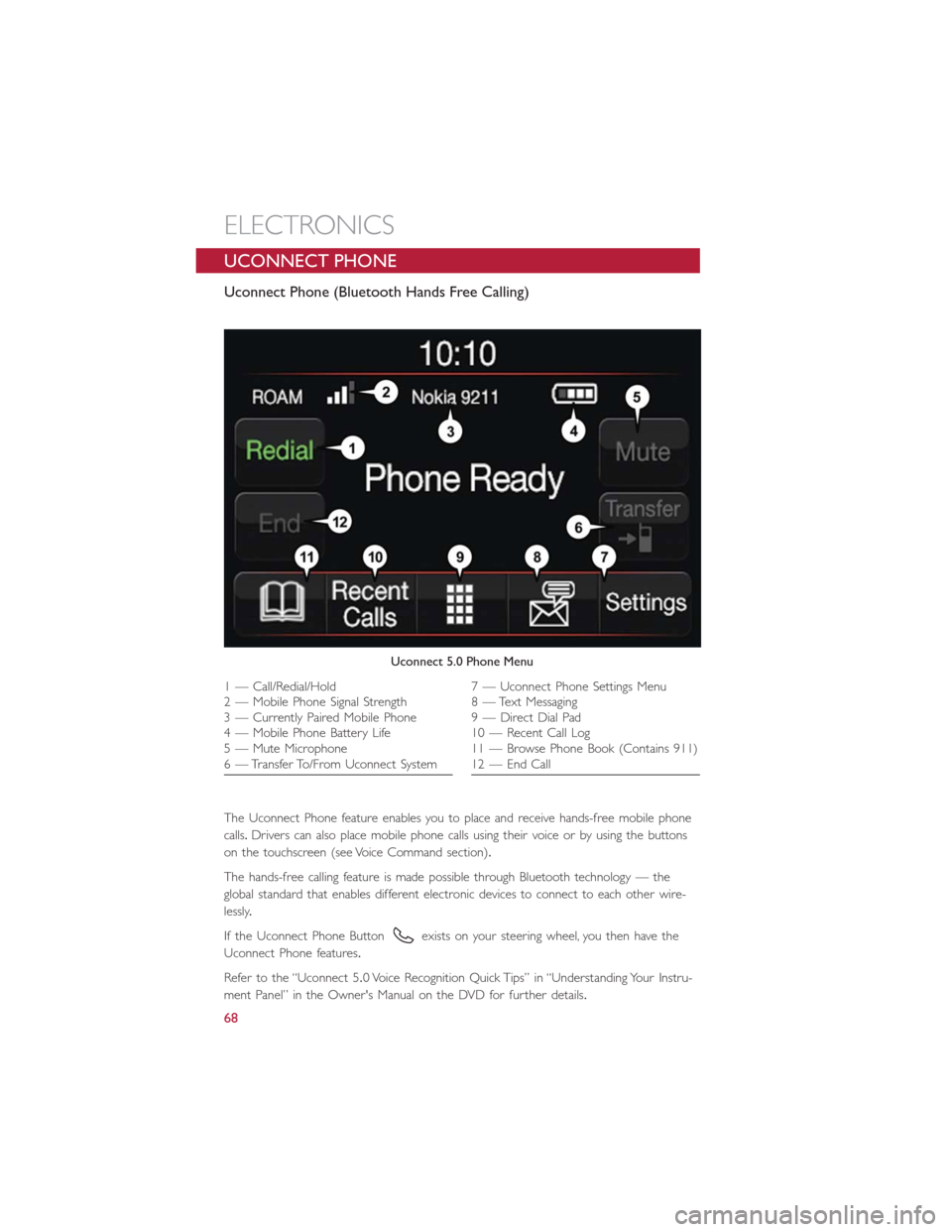 FIAT 500E 2016 2.G User Guide UCONNECT PHONE
Uconnect Phone (Bluetooth Hands Free Calling)
The Uconnect Phone feature enables you to place and receive hands-free mobile phone
calls.Drivers can also place mobile phone calls using t