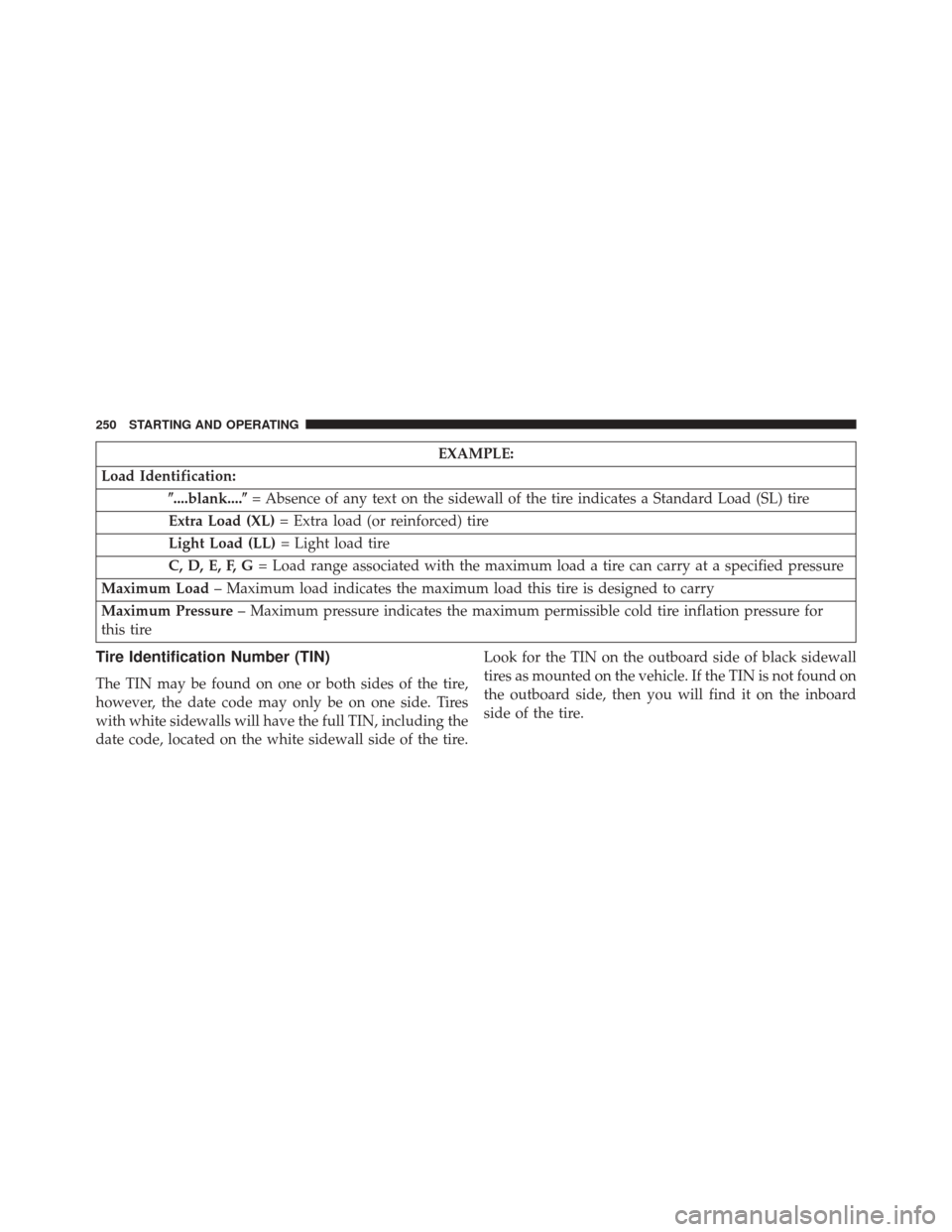 FIAT 500L 2014 2.G Owners Manual EXAMPLE:
Load Identification: ....blank.... = Absence of any text on the sidewall of the tire indicates a Standard Load (SL) tire
Extra Load (XL) = Extra load (or reinforced) tire
Light Load (LL) = FIAT 500L 2014 2.G Owners Manual EXAMPLE:
Load Identification: ....blank.... = Absence of any text on the sidewall of the tire indicates a Standard Load (SL) tire
Extra Load (XL) = Extra load (or reinforced) tire
Light Load (LL) =