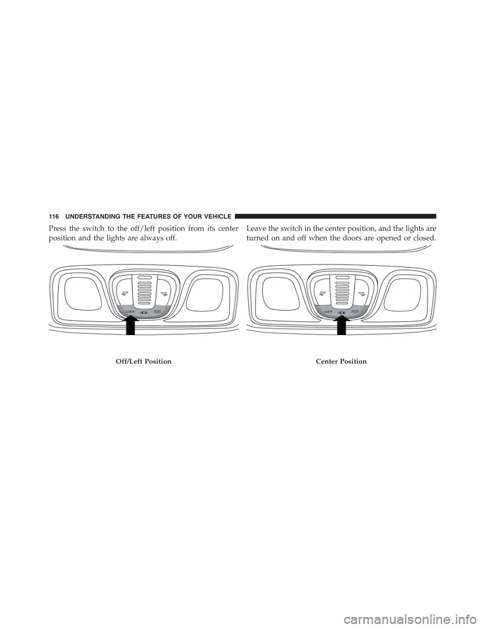 FIAT 500L 2015 2.G Owners Manual Press the switch to the off/left position from its center
position and the lights are always off.
Leave the switch in the center position, and the lights are
turned on and off when the doors are opene