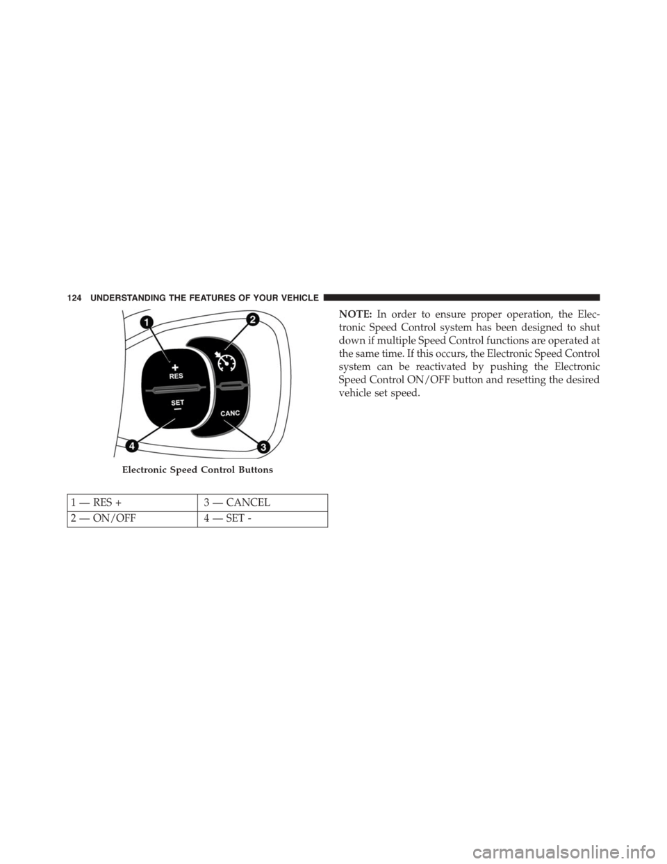 FIAT 500L 2015 2.G Owners Manual NOTE:In order to ensure proper operation, the Elec-
tronic Speed Control system has been designed to shut
down if multiple Speed Control functions are operated at
the same time. If this occurs, the El