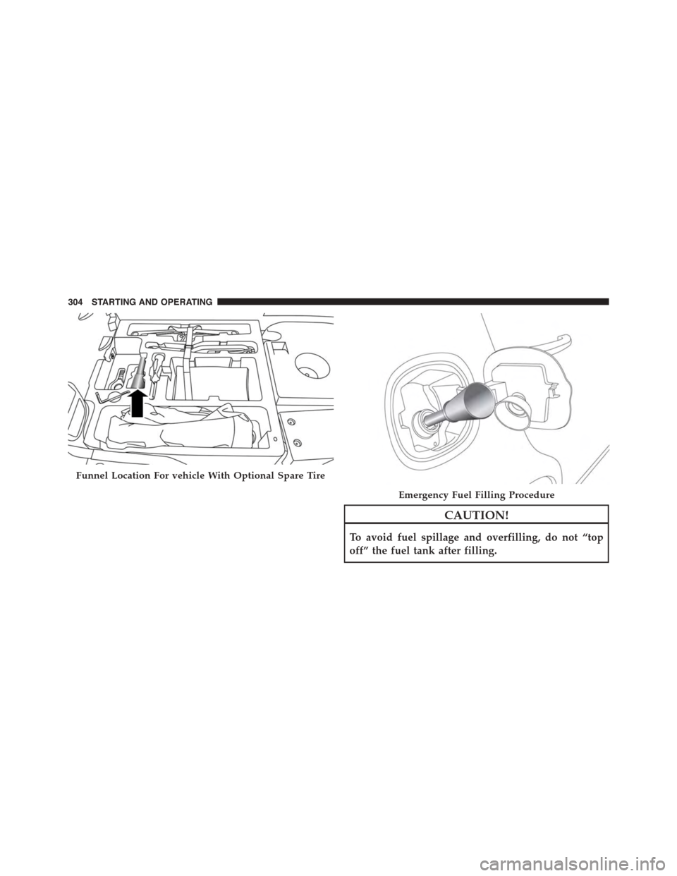 FIAT 500L 2015 2.G Owners Manual CAUTION!
To avoid fuel spillage and overfilling, do not “top
off” the fuel tank after filling.
Funnel Location For vehicle With Optional Spare Tire
Emergency Fuel Filling Procedure
304 STARTING AN