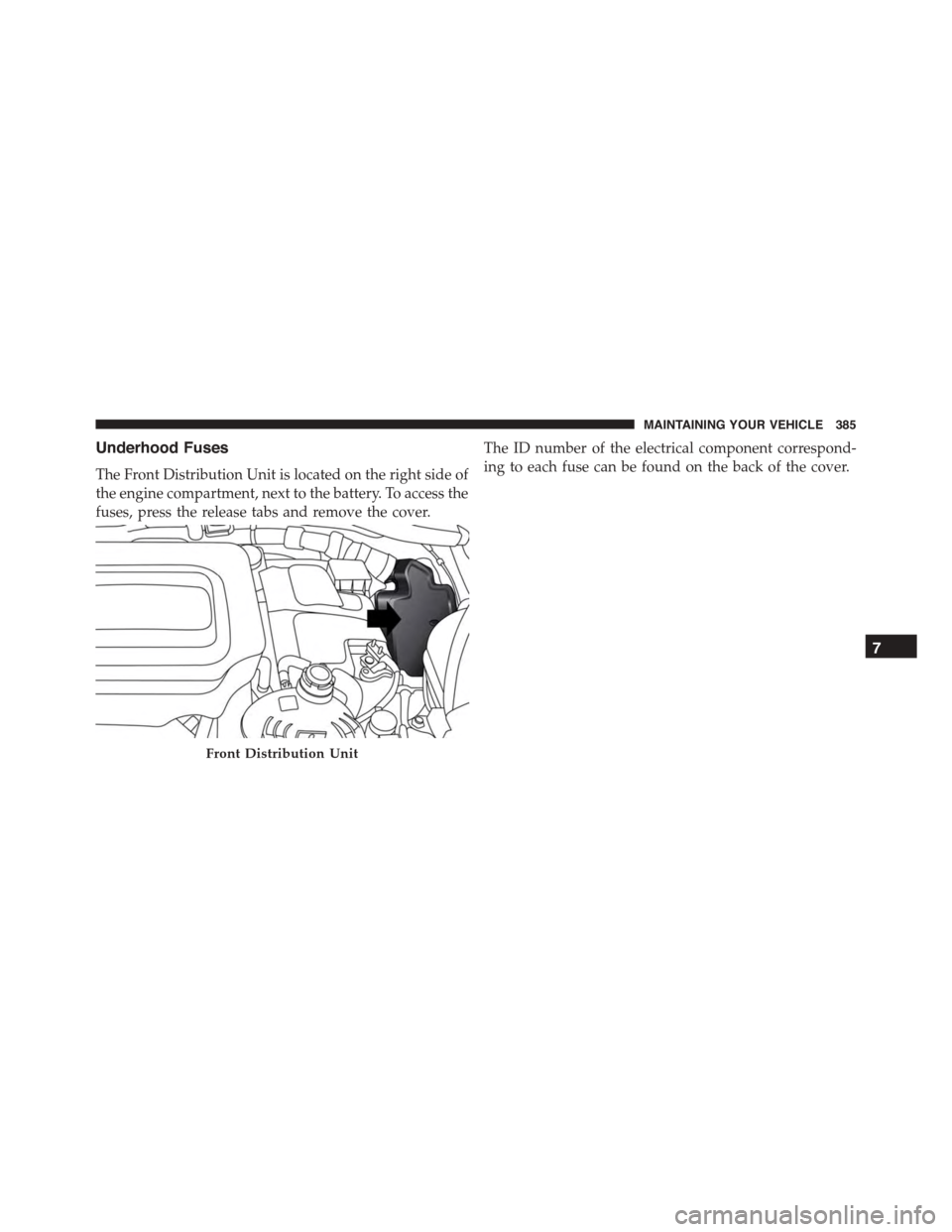 FIAT 500L 2015 2.G Owners Manual Underhood Fuses
The Front Distribution Unit is located on the right side of
the engine compartment, next to the battery. To access the
fuses, press the release tabs and remove the cover.
The ID number