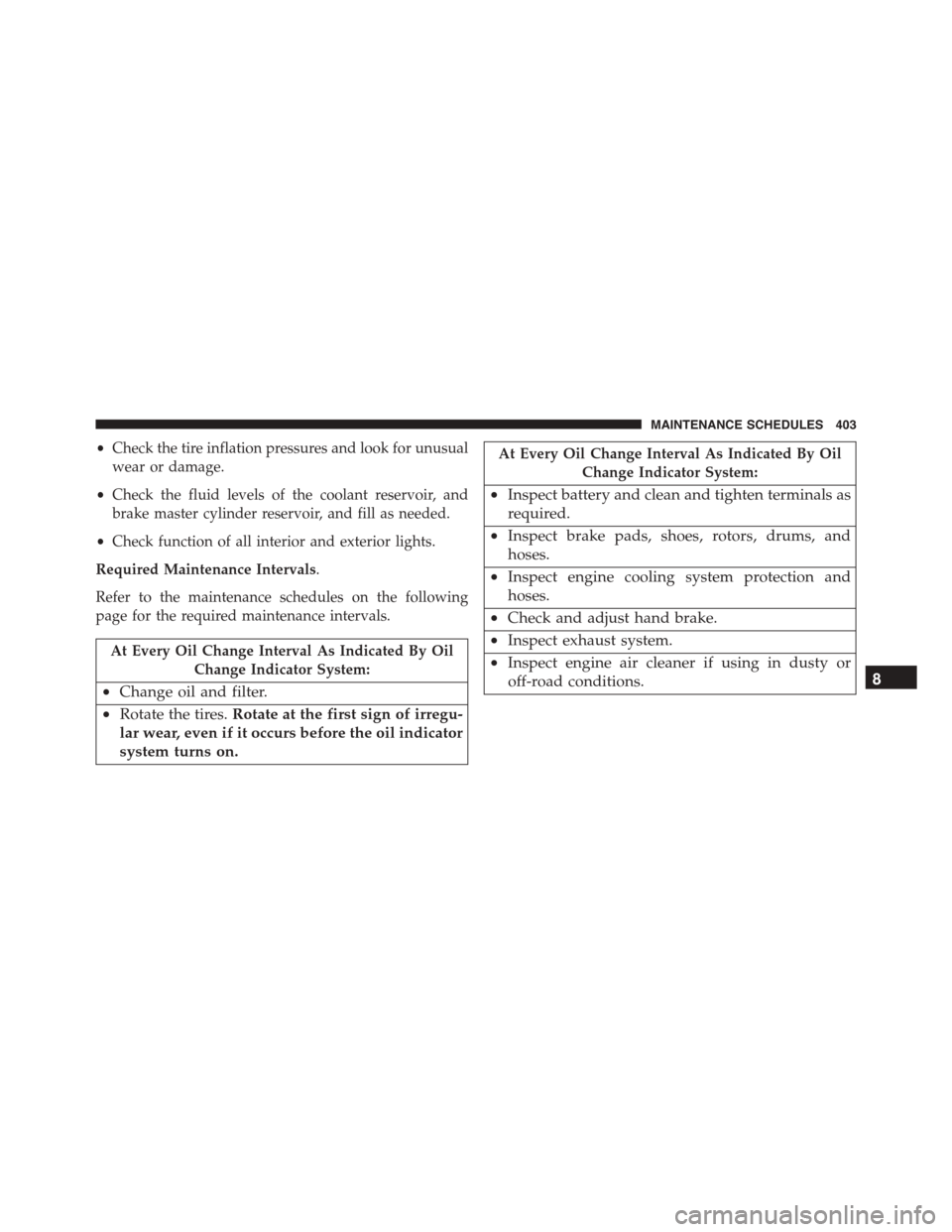 FIAT 500L 2015 2.G Owners Manual •Check the tire inflation pressures and look for unusual
wear or damage.
•Check the fluid levels of the coolant reservoir, and
brake master cylinder reservoir, and fill as needed.
•Check functio
