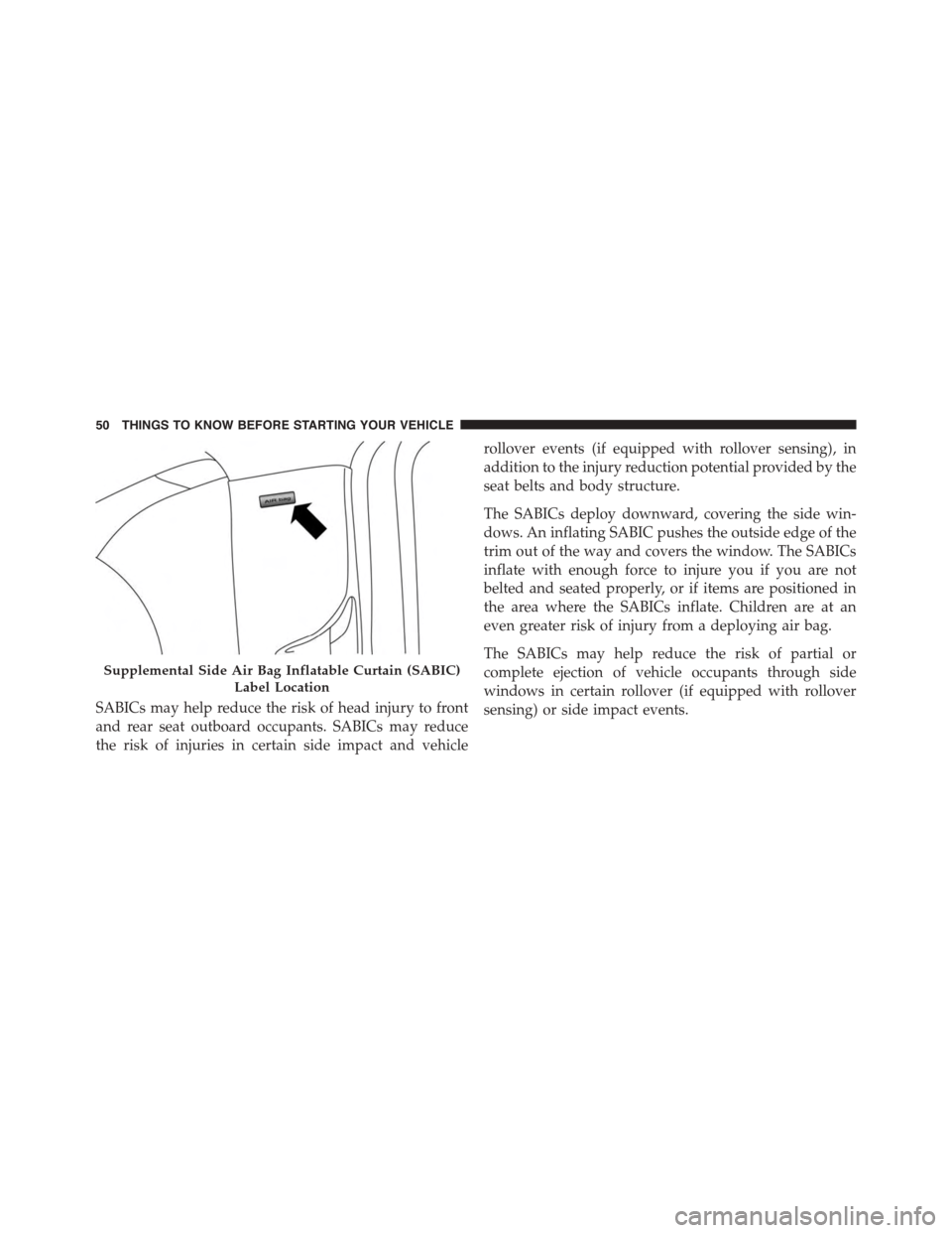 FIAT 500L 2015 2.G Owners Manual SABICs may help reduce the risk of head injury to front
and rear seat outboard occupants. SABICs may reduce
the risk of injuries in certain side impact and vehicle
rollover events (if equipped with ro FIAT 500L 2015 2.G Owners Manual SABICs may help reduce the risk of head injury to front
and rear seat outboard occupants. SABICs may reduce
the risk of injuries in certain side impact and vehicle
rollover events (if equipped with ro