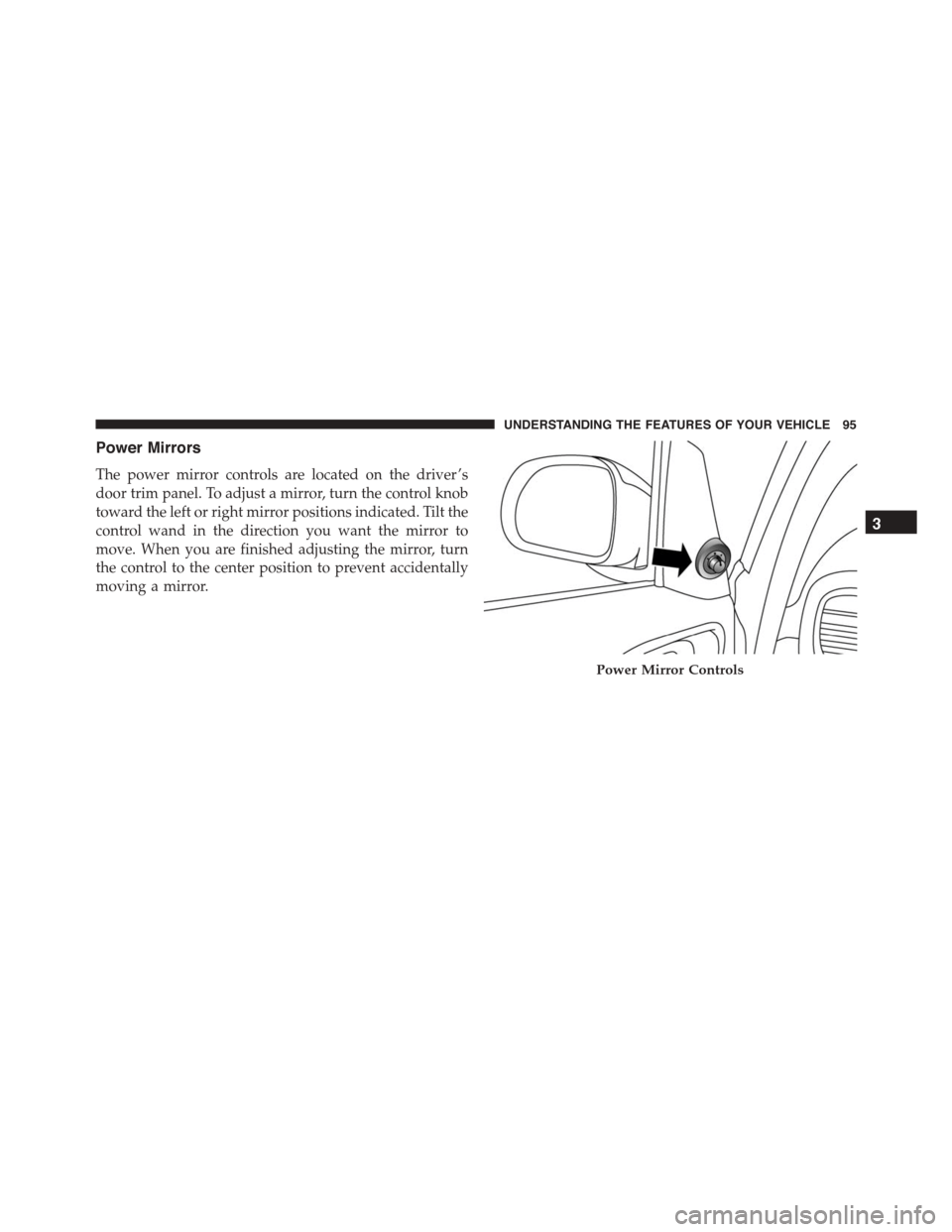 FIAT 500L 2015 2.G Owners Manual Power Mirrors
The power mirror controls are located on the driver ’s
door trim panel. To adjust a mirror, turn the control knob
toward the left or right mirror positions indicated. Tilt the
control 