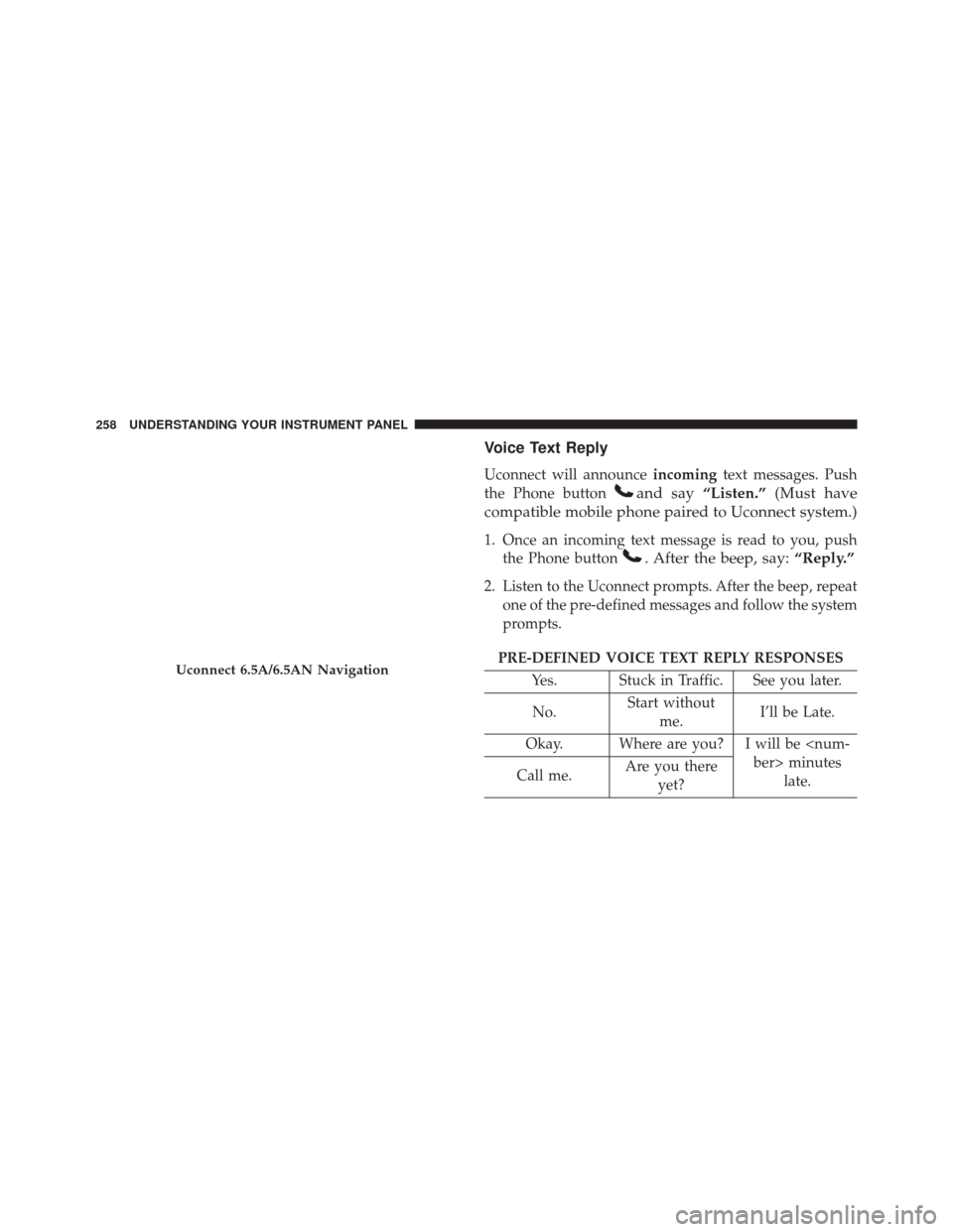 FIAT 500L 2016 2.G Owners Manual Voice Text Reply
Uconnect will announceincomingtext messages. Push
the Phone button
and say “Listen.” (Must have
compatible mobile phone paired to Uconnect system.)
1. Once an incoming text messag
