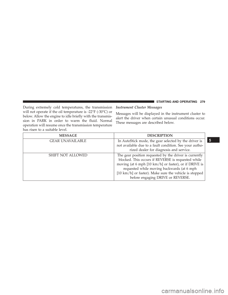 FIAT 500L 2016 2.G Owners Manual During extremely cold temperatures, the transmission
will not operate if the oil temperature is -22°F (-30°C) or
below. Allow the engine to idle briefly with the transmis-
sion in PARK in order to w FIAT 500L 2016 2.G Owners Manual During extremely cold temperatures, the transmission
will not operate if the oil temperature is -22°F (-30°C) or
below. Allow the engine to idle briefly with the transmis-
sion in PARK in order to w