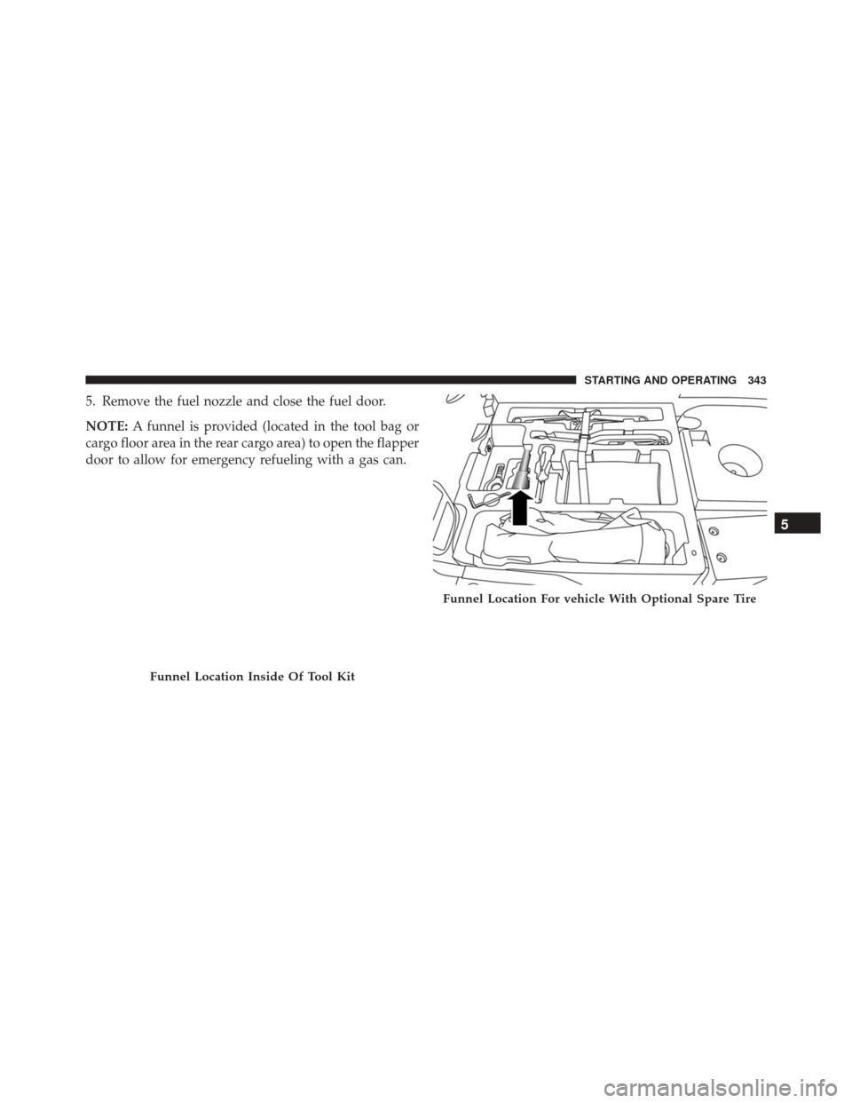 FIAT 500L 2016 2.G Owners Manual 5. Remove the fuel nozzle and close the fuel door.
NOTE:A funnel is provided (located in the tool bag or
cargo floor area in the rear cargo area) to open the flapper
door to allow for emergency refuel