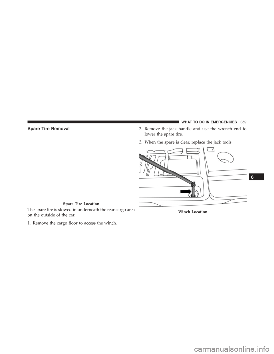 FIAT 500L 2016 2.G Owners Manual Spare Tire Removal
The spare tire is stowed in underneath the rear cargo area
on the outside of the car.
1. Remove the cargo floor to access the winch.2. Remove the jack handle and use the wrench end 