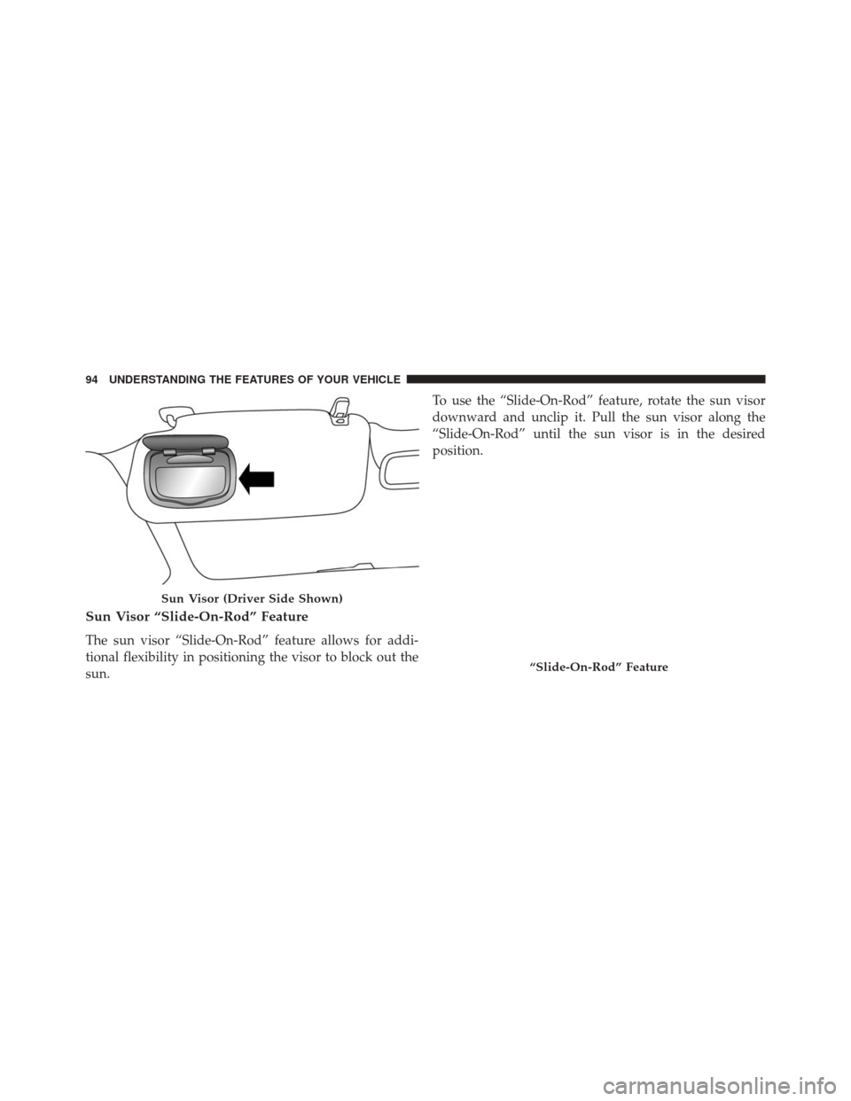 FIAT 500L 2016 2.G Owners Manual Sun Visor “Slide-On-Rod” Feature
The sun visor “Slide-On-Rod” feature allows for addi-
tional flexibility in positioning the visor to block out the
sun.To use the “Slide-On-Rod” feature, r