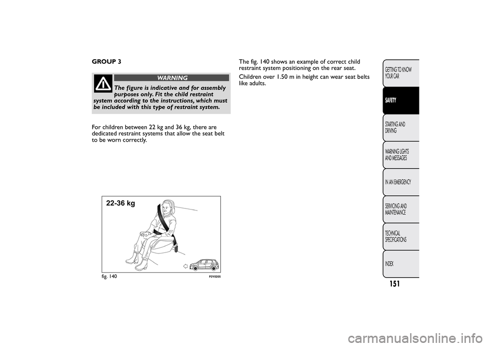 FIAT 500L LIVING 2014 2.G Owners Manual GROUP 3
WARNING
The figure is indicative and for assembly
purposes only. Fit the child restraint
system according to the instructions, which must
be included with this type of restraint system.
For ch