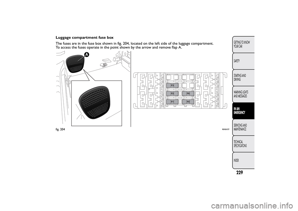 FIAT 500L LIVING 2014 2.G Owners Manual Luggage compartment fuse box
The fuses are in the fuse box shown in fig. 204, located on the left side of the luggage compartment.
To access the fuses operate in the point shown by the arrow and remov