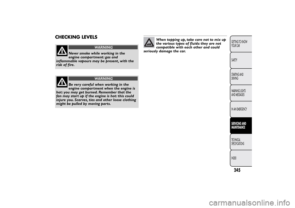 FIAT 500L LIVING 2014 2.G Owners Manual CHECKING LEVELS
WARNING
Never smoke while working in the
engine compartment : gas and
inflammable vapours may be present , with the
risk of fire.
WARNING
Be very careful when working in the
engine com