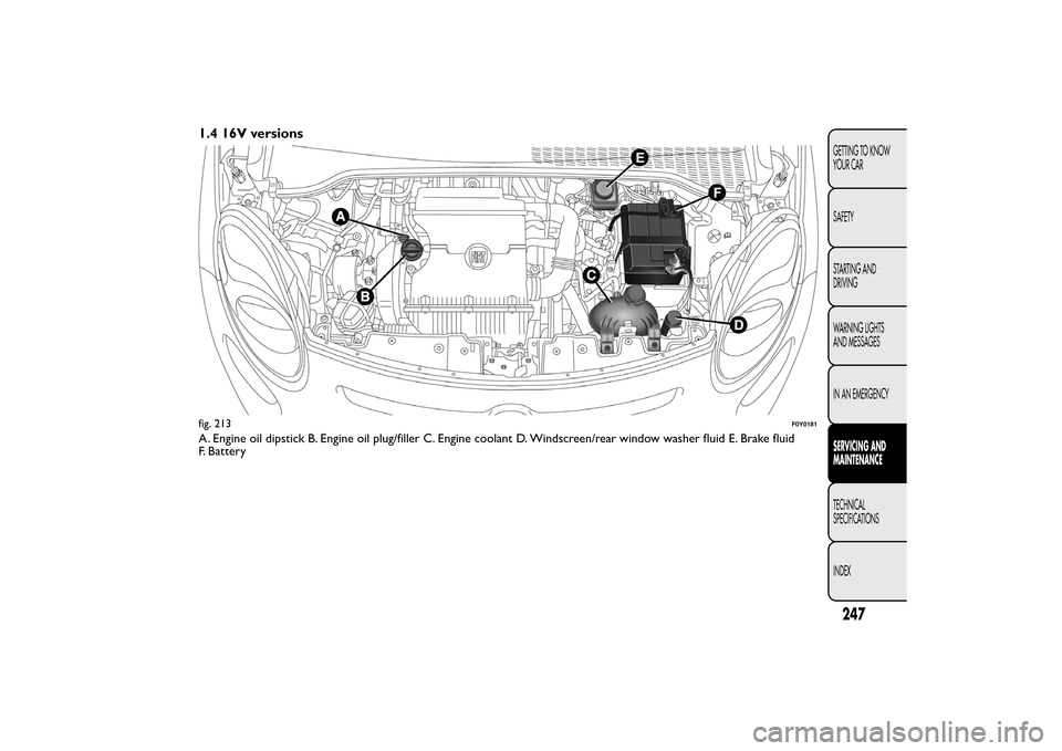 FIAT 500L LIVING 2014 2.G Owners Manual 1.4 16V versionsA. Engine oil dipstick B. Engine oil plug/filler C. Engine coolant D. Windscreen/rear window washer fluid E. Brake fluid
F. Batteryfig. 213
F0Y0181
247GETTING TO KNOW
YOUR CAR
SAFETY
S