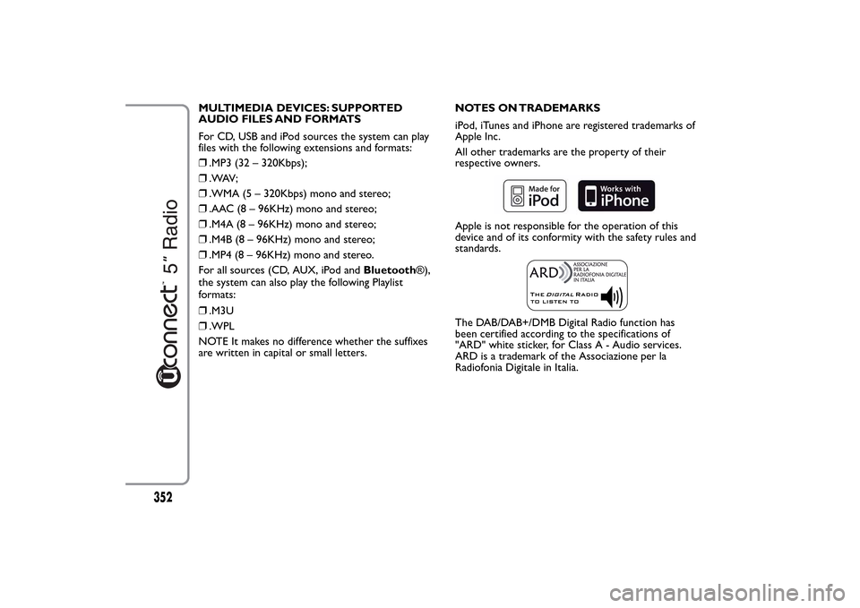 FIAT 500L LIVING 2014 2.G Owners Manual MULTIMEDIA DEVICES: SUPPORTED
AUDIO FILES AND FORMATS
For CD, USB and iPod sources the system can play
files with the following extensions and formats:
❒.MP3 (32 – 320Kbps);
❒. WAV ;
❒.WMA (5 