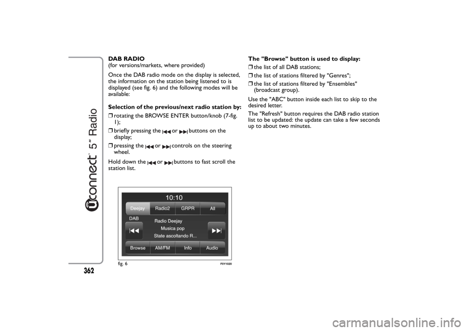 FIAT 500L LIVING 2014 2.G Owners Manual DAB RADIO
(for versions/markets, where provided)
Once the DAB radio mode on the display is selected,
the information on the station being listened to is
displayed (see fig. 6) and the following modes 