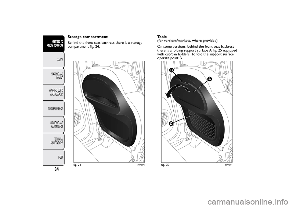 FIAT 500L LIVING 2014 2.G Owners Manual Storage compartment
Behind the front seat backrest there is a storage
compartment fig. 24.
fig. 24
F0Y0270
fig. 25
F0Y0271
34GETTING TO
KNOW YOUR CAR
SAFETY
STARTING AND
DRIVING
WARNING LIGHTS
AND MES