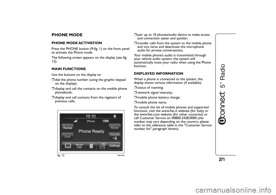 FIAT 500L LIVING 2014 2.G Owners Manual PHONE MODEPHONE MODE ACTIVATION
Press the PHONE button (9-fig. 1) on the front panel
to activate the Phone mode.
The following screen appears on the display (see fig.
12).
MAIN FUNCTIONS
Use the butto