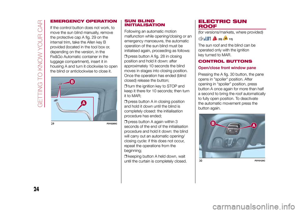 FIAT 500L LIVING 2015 2.G Owners Manual EMERGENCY OPERATIONIf the control button does not work, to
move the sun blind manually, remove
the protective cap A fig. 29 on the
internal trim, take the Allen key B
provided (located in the tool box FIAT 500L LIVING 2015 2.G Owners Manual EMERGENCY OPERATIONIf the control button does not work, to
move the sun blind manually, remove
the protective cap A fig. 29 on the
internal trim, take the Allen key B
provided (located in the tool box