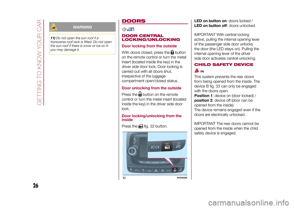 FIAT 500L LIVING 2015 2.G Owners Manual WARNING
11)Do not open the sun roof if a
transverse roof rack is fitted. Do not open
the sun roof if there is snow or ice on it:
you may damage it.
DOORSDOOR CENTRAL
LOCKING/UNLOCKING
Door locking fro FIAT 500L LIVING 2015 2.G Owners Manual WARNING
11)Do not open the sun roof if a
transverse roof rack is fitted. Do not open
the sun roof if there is snow or ice on it:
you may damage it.
DOORSDOOR CENTRAL
LOCKING/UNLOCKING
Door locking fro
