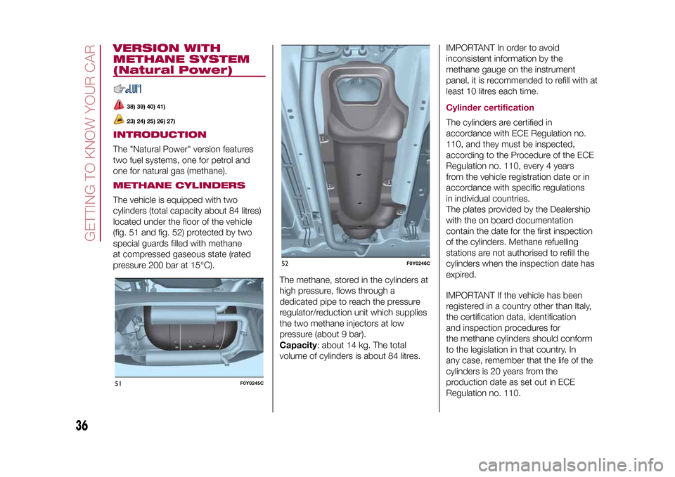 FIAT 500L LIVING 2015 2.G Owners Manual VERSION WITH
METHANE SYSTEM
(Natural Power)
38) 39) 40) 41)23) 24) 25) 26) 27)
INTRODUCTIONThe "Natural Power" version features
two fuel systems, one for petrol and
one for natural gas (methane).METHA FIAT 500L LIVING 2015 2.G Owners Manual VERSION WITH
METHANE SYSTEM
(Natural Power)
38) 39) 40) 41)23) 24) 25) 26) 27)
INTRODUCTIONThe "Natural Power" version features
two fuel systems, one for petrol and
one for natural gas (methane).METHA