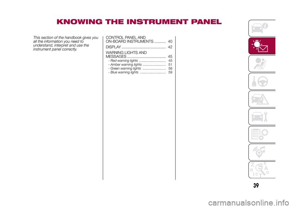 FIAT 500L LIVING 2015 2.G Owners Manual KNOWING THE INSTRUMENT PANEL
This section of the handbook gives you
all the information you need to
understand, interpret and use the
instrument panel correctly.CONTROL PANEL AND
ON-BOARD INSTRUMENTS 