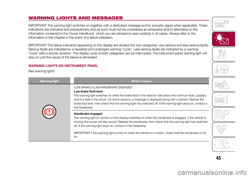FIAT 500L LIVING 2015 2.G Owners Manual WARNING LIGHTS AND MESSAGESIMPORTANT The warning light switches on together with a dedicated message and/or acoustic signal when applicable. These
indications are indicative and precautionary and as s FIAT 500L LIVING 2015 2.G Owners Manual WARNING LIGHTS AND MESSAGESIMPORTANT The warning light switches on together with a dedicated message and/or acoustic signal when applicable. These
indications are indicative and precautionary and as s